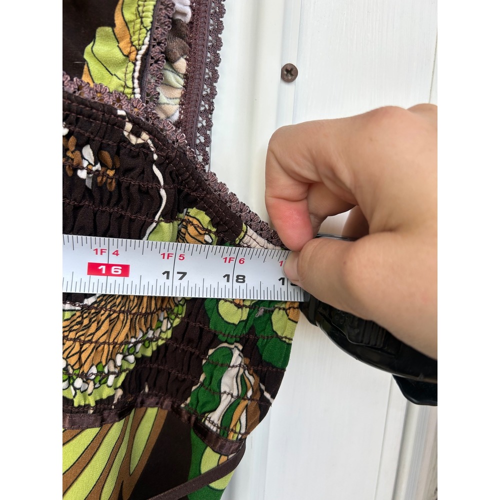Y2k Brown Green Floral Psychedelic Smocked Babydoll Square Neck Top Retro Boho - Picture 5 of 10